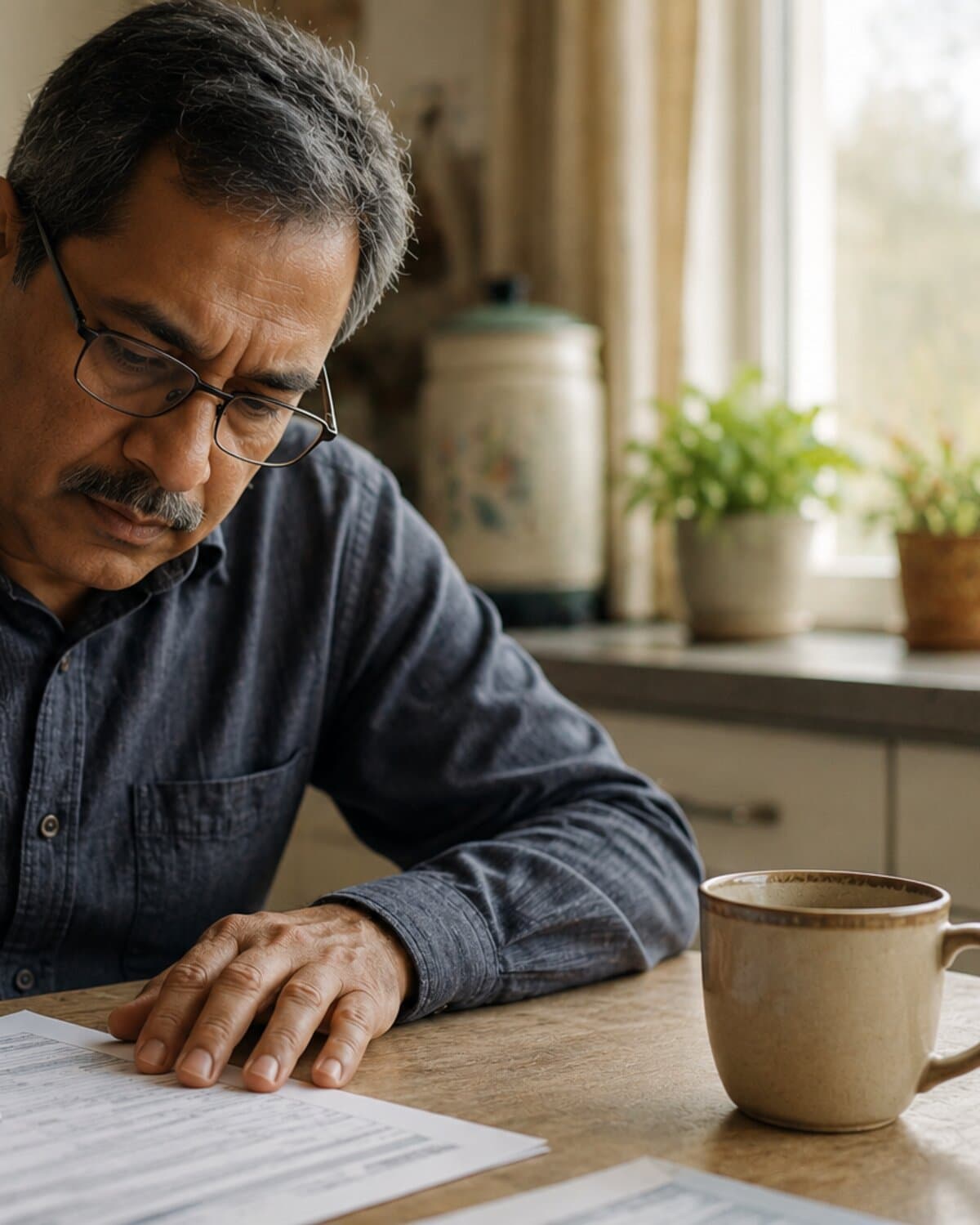 A person filling in paperwork at a kitchen table, pen in hand